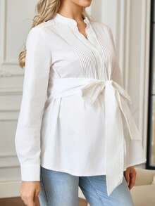 SHEIN Áo sơ mi dài tay cổ chữ V màu trơn thời trang cho bà bầu 2025 - trắng - Xem 4