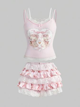 Kawaii Ensemble de 2 pièces femme avec imprimé lapin mignon et nœud papillon