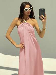 Aloruh 新款香槟色露背褶皱极简长裙，金属球装饰，宽松显瘦 - 淺粉色 - 查看 7