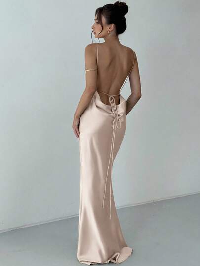 Aloruh Elegant Solid Color Tie Backless Dress, Casual & Party Wear