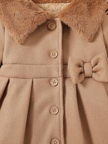 Souflis Souflis Baby Girls' Solid Color Fluffy Lapel 3D Bow Wool Blend Dress Coat. The Collar And Cuffs Are Made Of Fluffy Fabric, Fashionable And Generous; The Solid Color Buttons On The Placket Are Simple And High-End; The 3D Bow At The Waist Is Cute - Brown - View 6