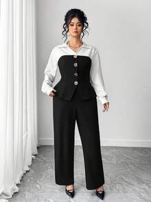 SHEIN Elenzya Plus Size Elegant Commuter Color Block Shirt & Pants 2 Pieces Set - Multicolor - View 4