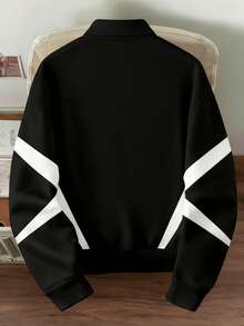 Manfinity Joysei 男士黑白印花纽扣领套头卫衣，适合秋冬季穿着 - 黑色 - 查看 2