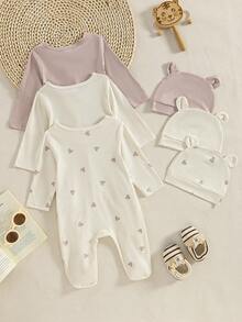 3pcs/Set Newborn Long Sleeve Footed Jumpsuit, Minimalist Heart Full Print Envelope Collar Comfortable Outfit Set, Suitable For Cute Newborn & Infant Casual Wear - Multicolor - View 2