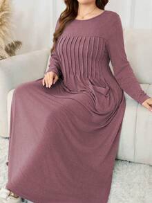Lacomfia 针织弹力朦胧蓝长袖褶裥口袋简约休闲宽松柔软大码女式连衣裙 - 紅色 - 查看 3