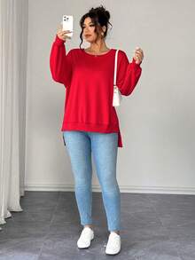 Elenzga Plus Size Bow Decor Split Hem Sweatshirt,  Day - Red - View 5