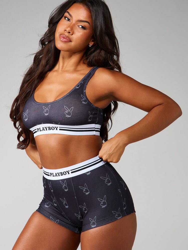 Missguided x Playboy Printed Bunny Logo Bralette And Boyshort Panty Set With Contrast White Band Detailing