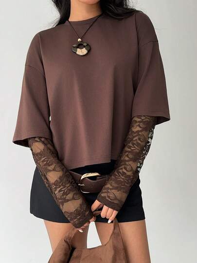 Aloruh Women's Spring: Elegant Brown Round Neck Pullover Fitted T-Shirt, Sweet And Spicy Style, Lace Sleeves, Comfortable Top, Suitable For Casual Wear, Elegant, Simple, And Casual T-Shirt Coffee Brown Top