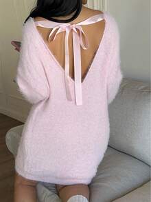 Sunnyshic Plus Size Women's Sequin Backless Sexy Long Sleeve Sweater Dress, Pink For Valentine's Day - Pink - View 1