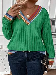 EMERY ROSE Women's Casual Colorful Striped Print Patchwork V-Neck Soft Plus Size Ribbed Knit Long Sleeve Sweatshirt, Plus Size, Autumn/Winter