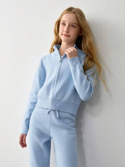 SHEIN Conjunto informal de niña preadolescente con cardigan de manga larga con cremallera de unicolor y pantalones de punto acampanados