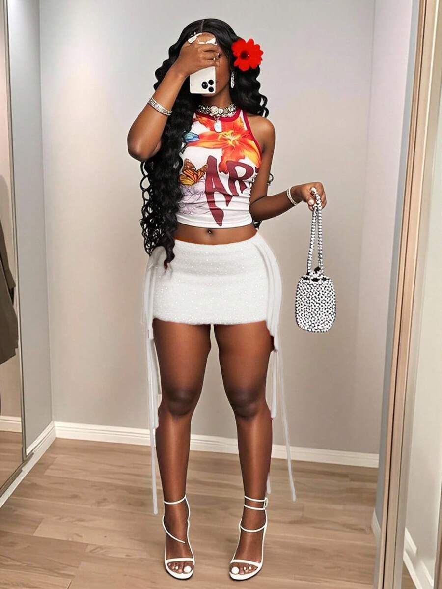 Slaydiva Summer New Ibiza Bohemian Boho Women's Clothing, Music Festival, Western Style, Nomadic Style, Party, Pool, Sexy Resort Wear, Cruise Travel, Beach, Sunbathe, Viral Fashionable Vacation, Sweet Sexy Red Crochet Fringed Mini Skirt (Can Be Paired) In Fall/Winter - White - View 1