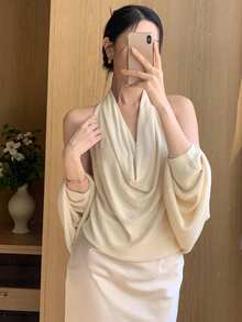 DAZY Sexy Plunging Neck Spaghetti Strap Camisole Top & Loose Cardigan 2 Pieces Set For Women - Apricot - View 1