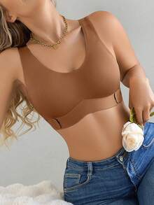 1pc Women Seamless No Padding Elegant Breathable Comfortable Crisscross Back Bandeau Bra - Chocolate Brown - View 7