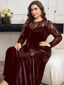 Modelyn Plus Size Women Elegant Lace Patchwork Velvet Bodycon Dress - Burgundy - View 6