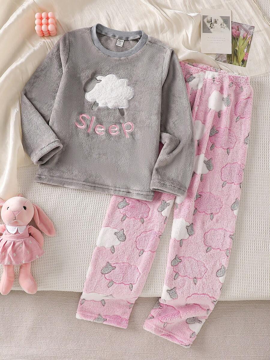 两件套女童可爱绵羊图案抓绒睡衣套装，长裤长袖，秋冬季舒适家居服 - 淺灰色 - 查看 1