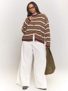 MUSERA 加大码条纹圆领纽扣宽松开衫，可爱优雅度假休闲套装，酷女孩休闲家居服，女士曲线奶油糖色春季毛衣 - 彩色 - 查看 5