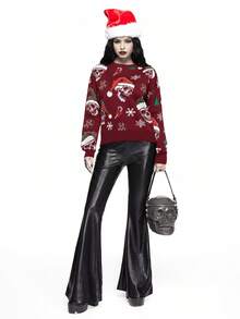 ROMWE Goth 深色骷髅与圣诞花环印花套头衫 - 紅色 - 查看 1