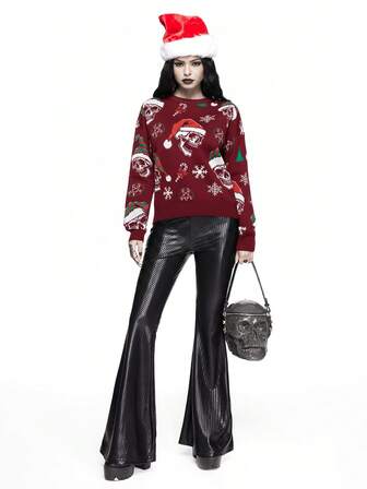 Goth Maglione girocollo con stampa integrale di teschi scuri e ghirlande natalizie