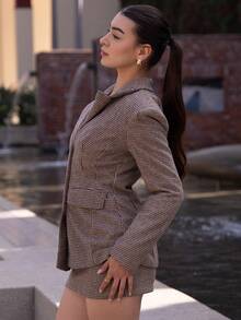 Andrea Bello Retro Chic Commuting Brown Plaid Suit Set - Cinched Waist Blazer Jacket + Low Waist Skirt 2 Pieces Set (Including Shoulder Pads) In Fall/Winter - Multicolor - View 3