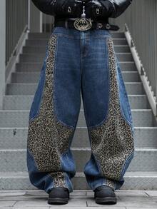 Manfinity EMRG Leopard Print Patchwork Pocket Casual Wide Leg Jeans - Blue - View 5
