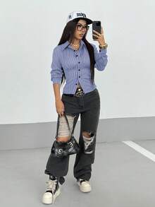 StreetHx Women's Retro Fitted Striped Shirt - Blue - View 5