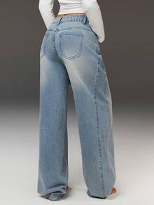 Athîral Women's Casual Commuting Daily Office Vacation Asymmetrical Wide Leg Jeans, Asymmetrical Waist Design, Blue Denim, Street Wear, Retro Wear, Outdoor Wear, Blue Pants - Light Wash - View 5