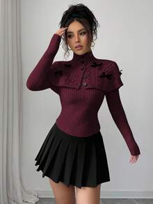 Elenzga Autumn/Winter Fashion Mock Neck Bowknot Decor Cape Sweater - Burgundy - View 5