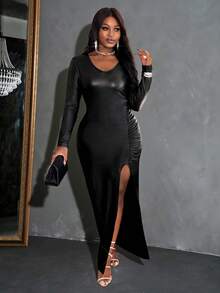 Slaydiva 2025新款性感PU高开衩低胸圆领连衣裙，适合派对/约会/酒吧/俱乐部/夜总会等场合 - 黑色 - 查看 5