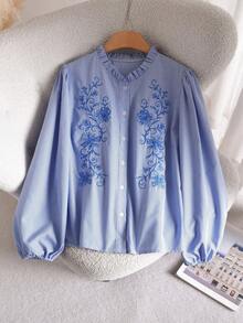 CosyJoli Plus Size Casual Plaid Floral Embroidered Shirt, Autumn/Spring Outfits For Women Blue Blouse For Women Lantern Sleeve Blouse - Blue - View 4