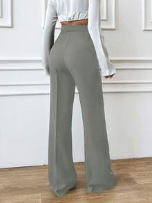 EURMUSE Women's Solid Color High Waist Toothpick Striped Design Straight Loose Casual Pants - Mint Green - View 2