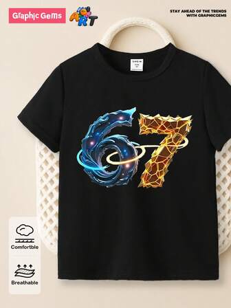 GraphicGems Young Boy Casual Fashionable Creative Personalized Refreshing Minimalist Cool Numeric 67 Pattern Printed Basic Short Sleeve T-Shirt, Comfortable Cozy Fall Styles Suitable For Summer & Autumn, Tops
