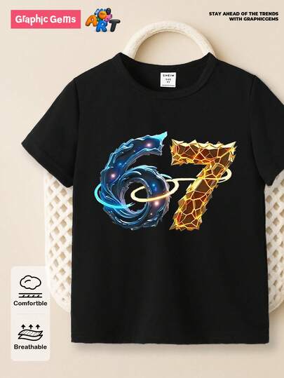 GraphicGems Ung pojke Casual Fashionable Creative Personalized Refreshing Minimalist Cool Numeric 67 Pattern Printed Basic Kortärmad T-shirt, Bekväma Mysiga Höststilar Lämpliga För Sommar & Höst, Toppar