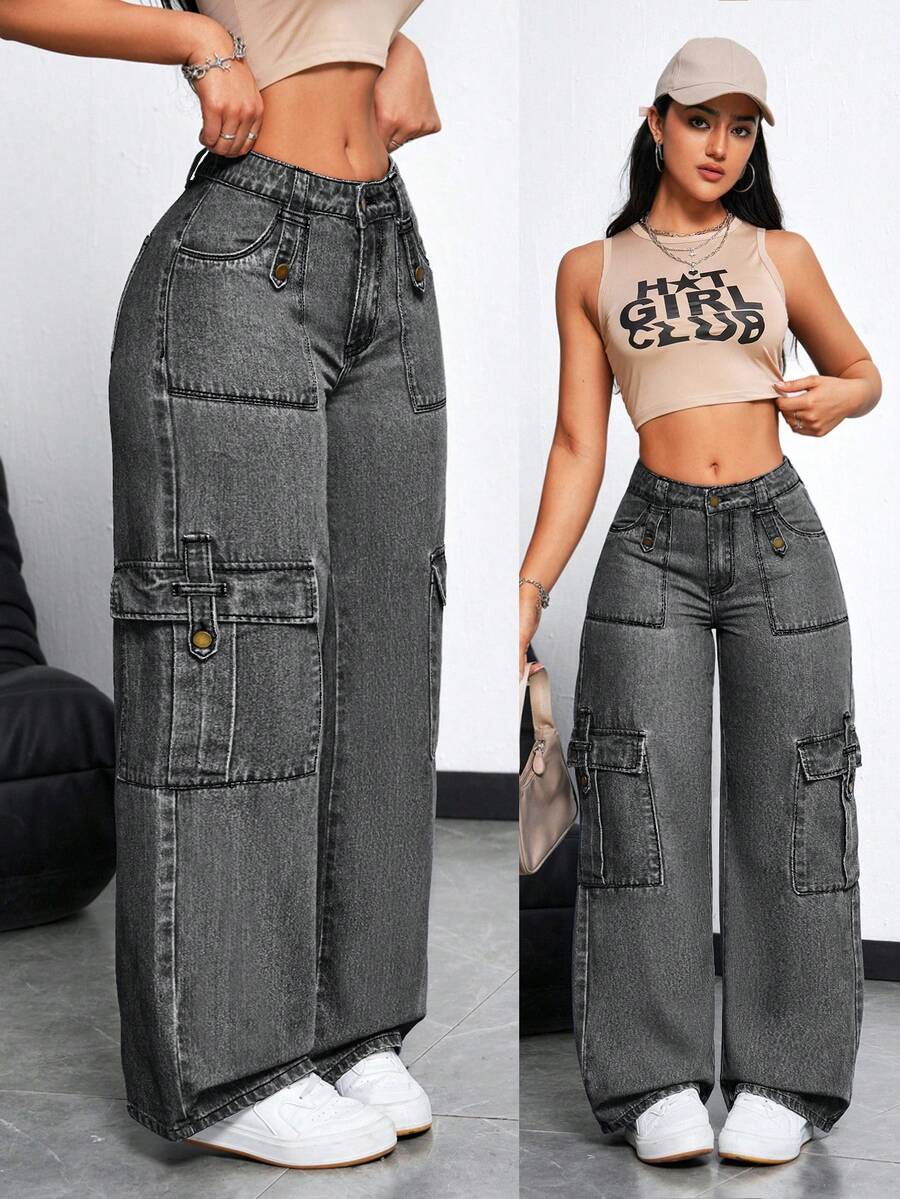 SHEIN PETITE 女士纽扣口袋休闲宽松直筒牛仔裤，适合日常通勤 - 灰色 - 查看 1