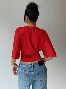 Aloruh Women's Solid Color Round Neck Batwing Sleeve Pleated Cropped Fashion T-Shirt Short Sleeve T-Shirts Women Women's Red Elegant Fashion Streetwear Versatile Short-Sleeve T-Shirt - Red - View 3