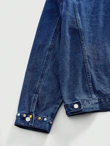 ROMWE MEN Street Life Men's Turndown Collar Single-Breasted Rhinestone Pocket Daily Commute Long Sleeve Denim Jacket - Medium Wash - View 5