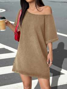 SHEIN EZwear Robe t-shirt ample au col asymétrique et style vintage délavé, style western festival de musique, pour l'été