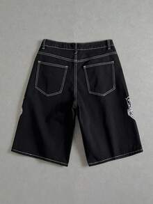 Manfinity ZONE917 男士深黑色水洗哥特式刺绣宽松街头风格短裤 - 黑色 - 查看 6