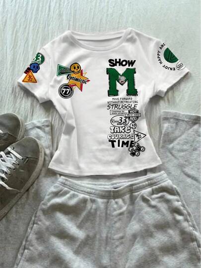 SHEIN 少女休闲简约紧身圆领短袖高腰露脐常规T恤，经典酷炫街头印花，适合秋冬季作为内搭穿着