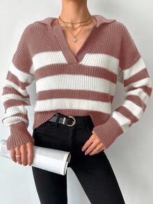 EURMUSE Striped Pattern Drop Shoulder Sweater - Rusty Rose - View 5
