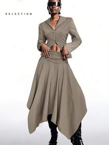 LYSMO SELECTION 2025 新款简约秋冬女装条纹修身腰部西装外套及铅笔裙套装，通勤风秋季穿搭，舒适秋冬女装 - 卡其色 - 查看 4