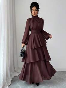 Elenzga Women's Solid Color Chiffon Lined High Collar Pleated Vintage Waist Adjustable A-Line Layered Romantic Ruffle Asymmetric Hem Lantern Sleeve Maxi Dress, Elegant French Retro Street Style, Simple Versatile, Suitable For Winter, Halloween, Christmas, Thanksgiving, Afternoon Tea, Party, Office, Family Gathering - Chocolate Brown - View 3