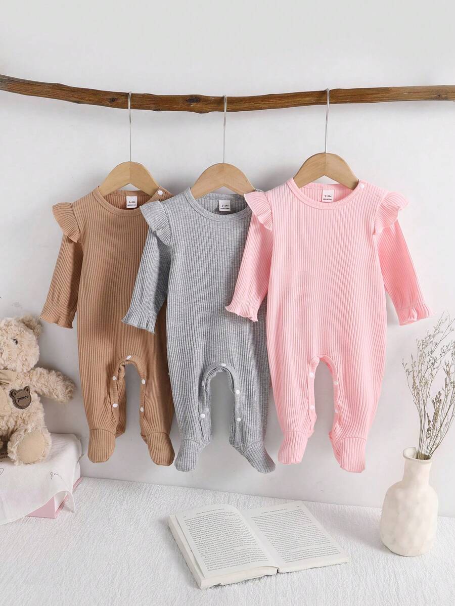 Newborn Baby Pajamas-3 PiecesPajama Ribbed Ruffle Shoulder Round Neck Long Sleeve Footed Romper Newborn Pajama One Piece Neutral Pink Grey Beige Four Season Holiday 2026 Essential Gentle Stretch Comfortable Cozy Everyday Sleep Play Outfit Gift Parent Favorite - Multicolor - View 1