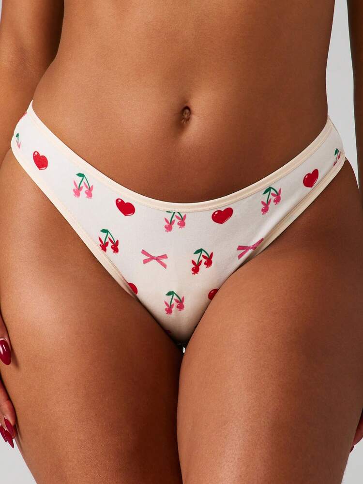 Missguided x Playboy Cherry Heart Print High Waisted Thong Stretch Panties Women Intimate Underwear Brief Cute Fruity Pattern Summer