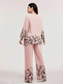 Veilorie 2 pièces Ensemble femme Top à manches évasées imprimé floral avec col en V échancré et pantalon - Rose bonbon - Voir 2