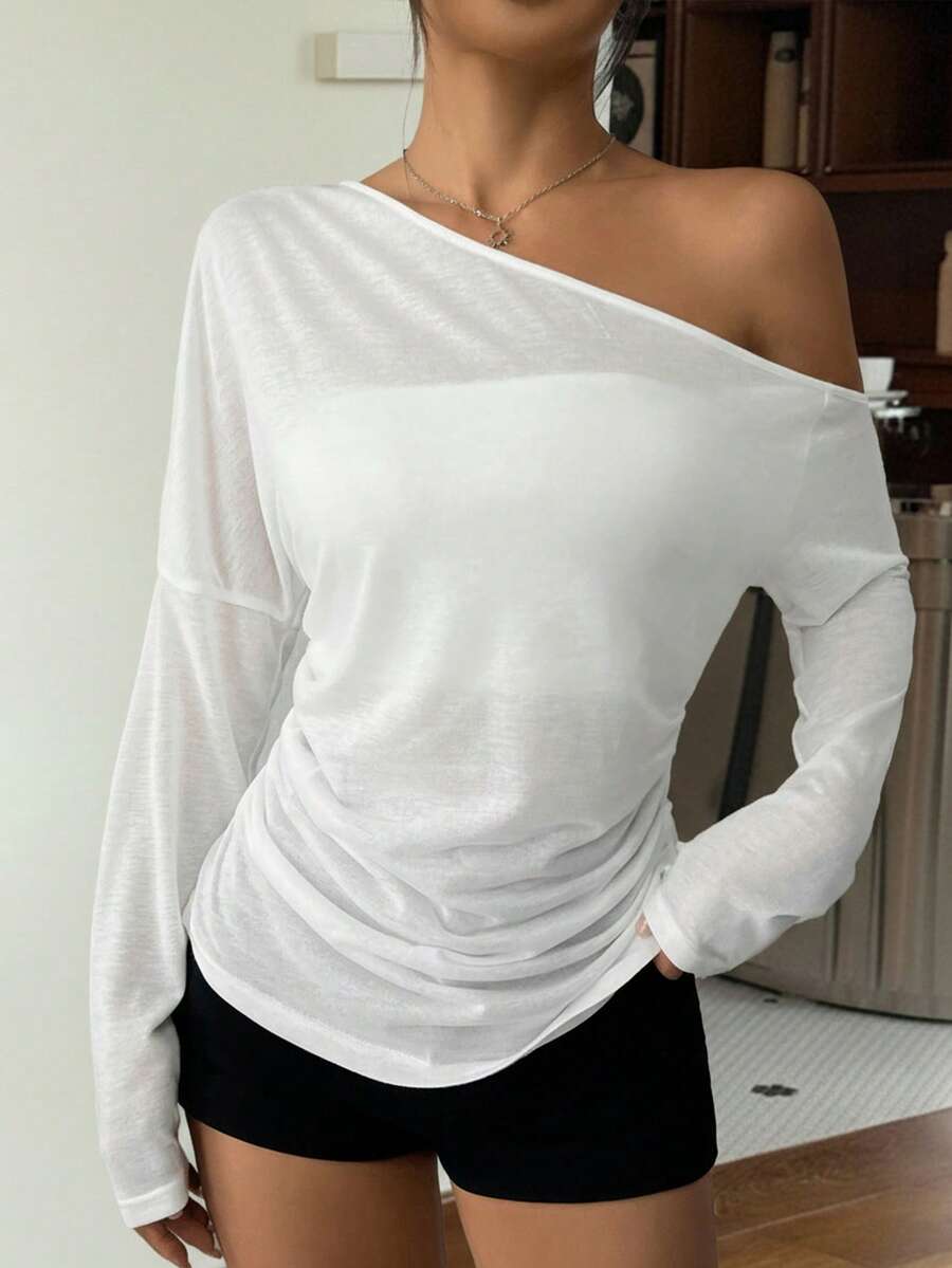 Muchica Women's Solid Color Simple Casual Knit One Shoulder T-Shirt - White - View 1