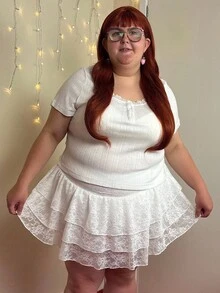 Enliva Abidrinkell Plus Size White Lace Decor Knit Jacquard Short Sleeve T-Shirt, For Apple Rounded Body Shape - White - View 5