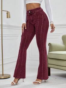 SHEIN Essnce Quần jeans ống loe có túi viền tua rua dành cho nữ - Màu Đỏ Sâu - Xem 5