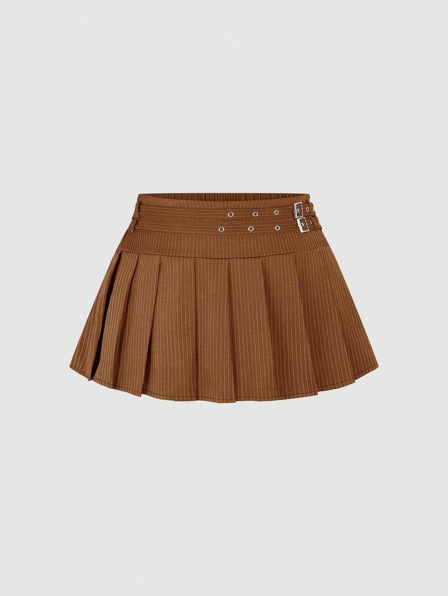 SHEIN Sweetro 时尚甜美休闲百褶短条纹金属朋克迷你裙 - 棕色 - 查看 1