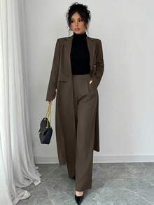 Elenzga Dark Grey Lapel Shoulder Long Suit Pants For Women - Coffee Brown - View 6